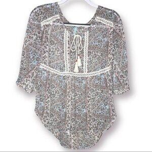 Maurices M White Pastel Ditzy Floral Sheer Boho Lightweight Flowy Peasant Blouse